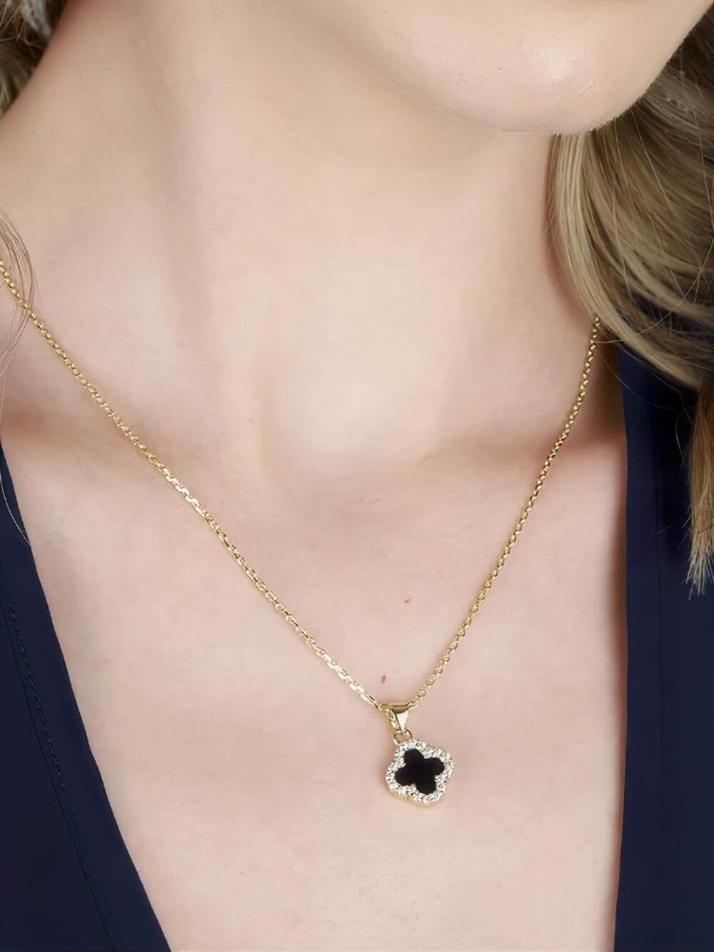 2 Side Crystal Clover Necklace for Women | 18K Gold Plated Four Leaf Lucky Penda - Picture 4 of 6